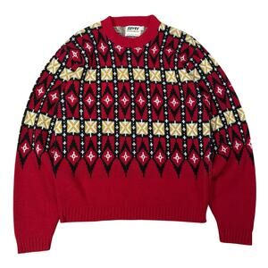Vintage Red Fair Isle Geometric Knit Sweater Black Gold Pattern 1980s Size M